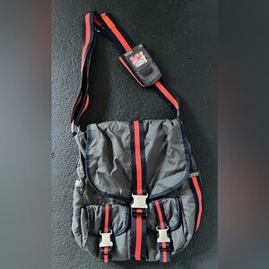 Gray and Red Crossbody Bag